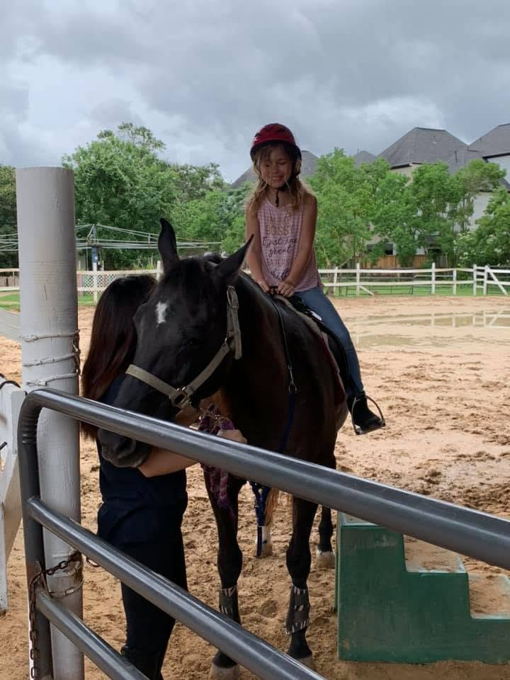 A child sits on a horse near a fence during an outing