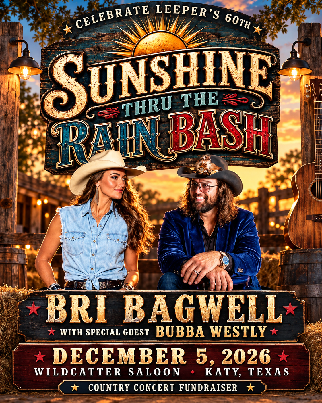 Sunshine Thru the Rain Bash poster featuring Bri Bagwell and special guest Bubba Westly, December 5, 2026, Wildcatter Saloon in Katy, Texas